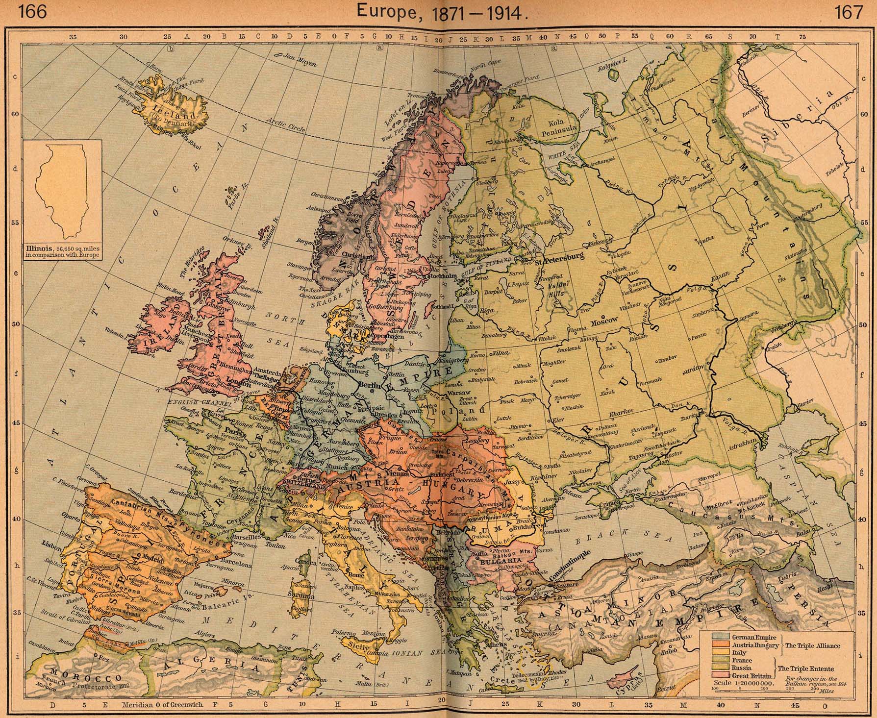 Historiallisen kartaston Euroopan kartta vuosista 1871–1914. Valtioita erotetaan eri väreillä. Saksa on Ranskan ja Venäjän välissä; Itävalta-Unkari sijaitsee sen eteläpuolella.